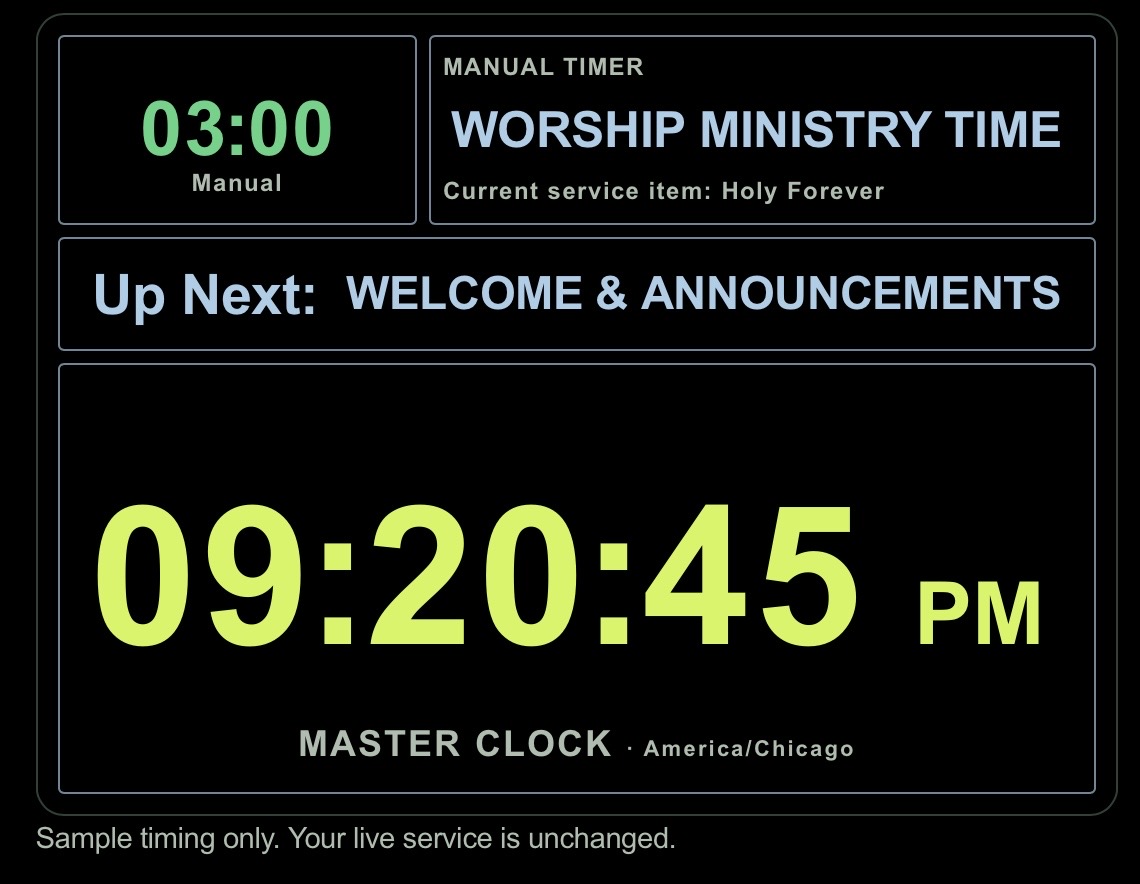 Service Producer Master Clock: a green 03:00 manual timer beside Worship Ministry Time, current service item Holy Forever, Up Next Welcome and Announcements, and a large 09:20:45 PM clock for America/Chicago.